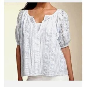 John Patrick Organic Cotton White Subtle Blue Stripe Eyelet Blouse Large